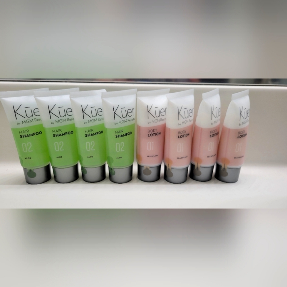 Kuer by MGM hotel travel size 4 body lotions, 4 shampoos. 1.25 oz